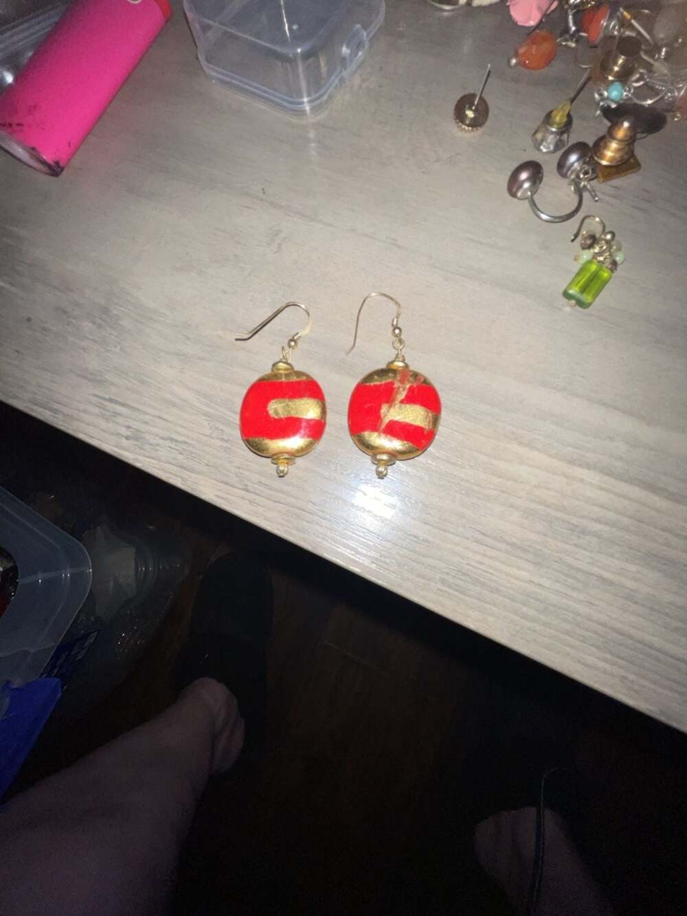 Murano Venetian Glass Red And Gold Disc Drop Earrings